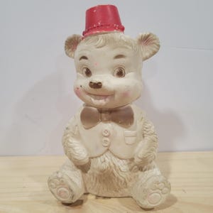 Rare Vintage 9&quot; Rubber Squeaky Bear From the Edward Mobley Co Fez Hat Bowtie Still Squeaks In Good Condition