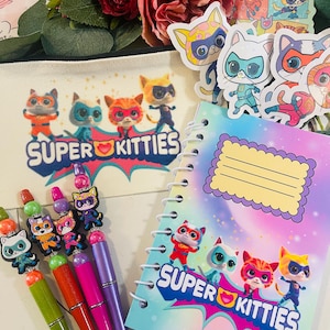 super kitties pens pencil case  stickers and mini notebook