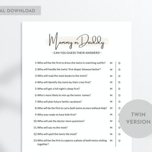 Guess Who for Twin Parents, Mommy or Daddy, Twin Game, Mom or Dad, Printable Baby Shower Game, Instant Download, PDF