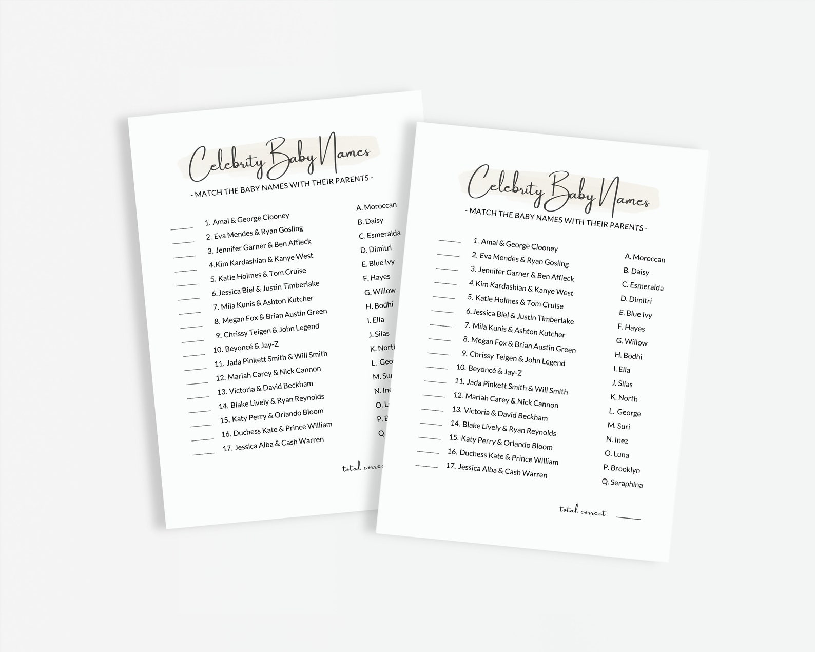 Celebrity Baby Names Game Baby Shower Celebrity Baby Names Etsy