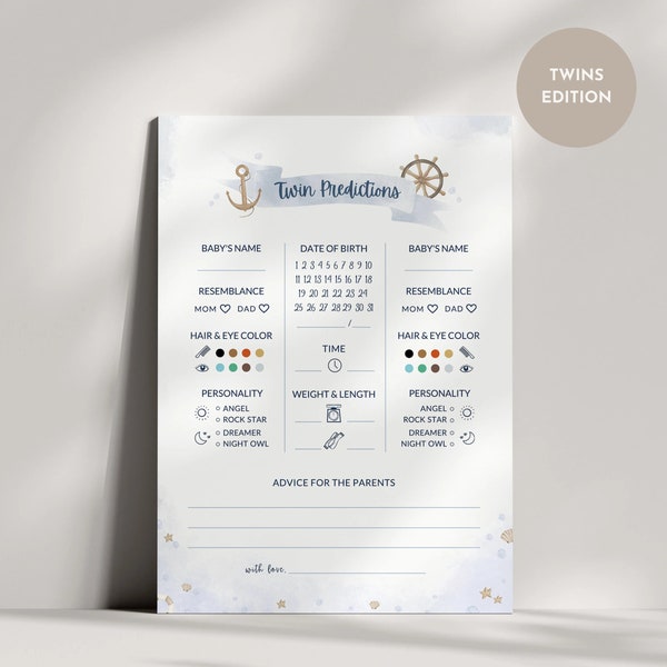 Nautical Baby Shower Twin Predictions Cards, Ahoy, Twin Babies Guesses Cards, Printable Game Cards, Instant Download