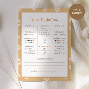 Carte pronostici gemelli per Baby Shower, Fiori della margherita, Carte indovinazioni per bambini gemelli, Carte da gioco stampabili, Download istantaneo