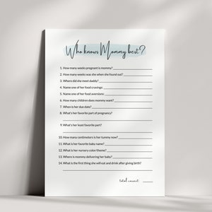 Wie weet's mama beste spel, blauw, wie weet's mama, babyshowerspellen, afdrukbaar babyfeestspel
