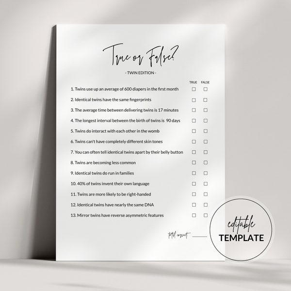 Twins Trivia, Twins Baby Shower, True or False, Printable Game, Minimalist Baby Shower, Editable Template, Templett, 5x7 #BB01