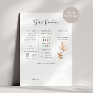 Tarjetas de predicciones de baby shower, osito de peluche, tarjetas de adivinanzas para bebés, tarjetas de juego imprimibles, descarga instantánea