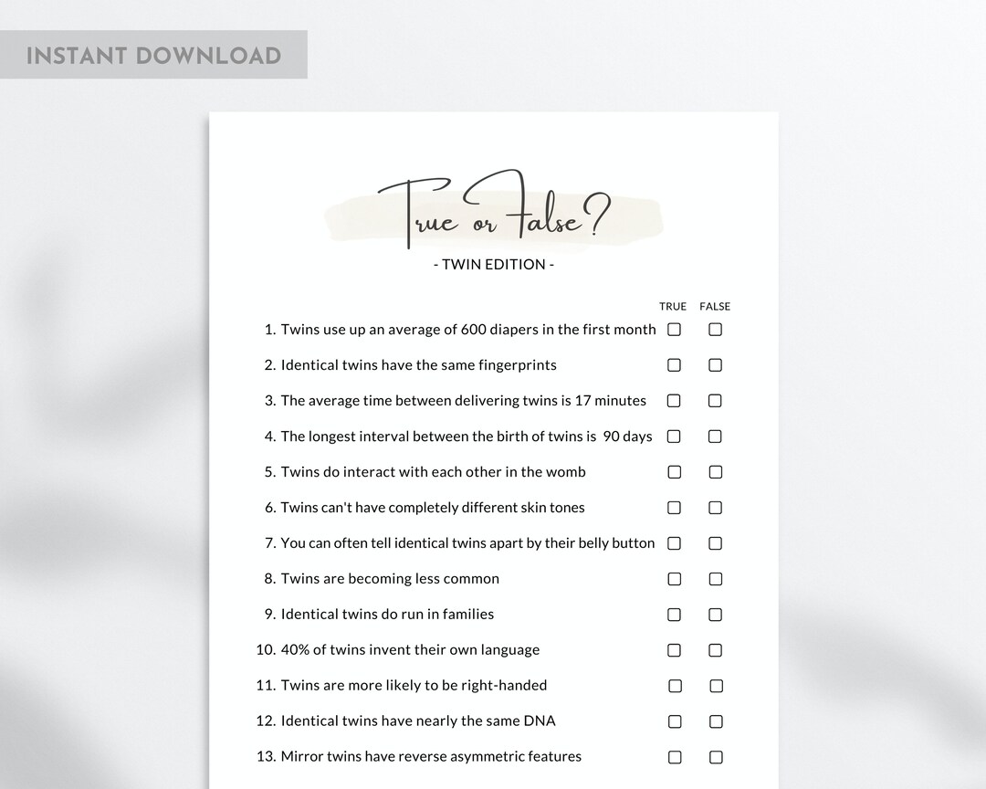 Twins Trivia, True or False Twin Baby Shower Game, True or False Game ...
