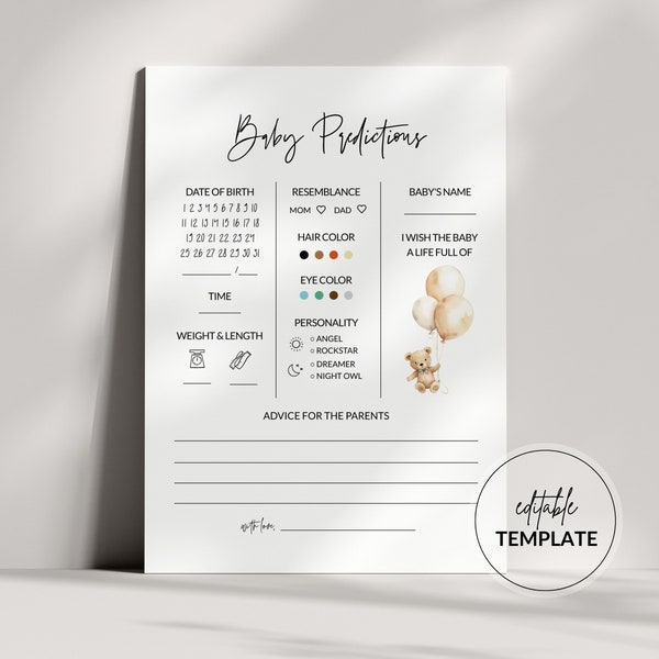 Baby Shower Predictions Cards, Minimalist, Printable Baby Guesses Cards, Printable Game Teddy Bear, Editable Template, Templett, 5x7, #BB01