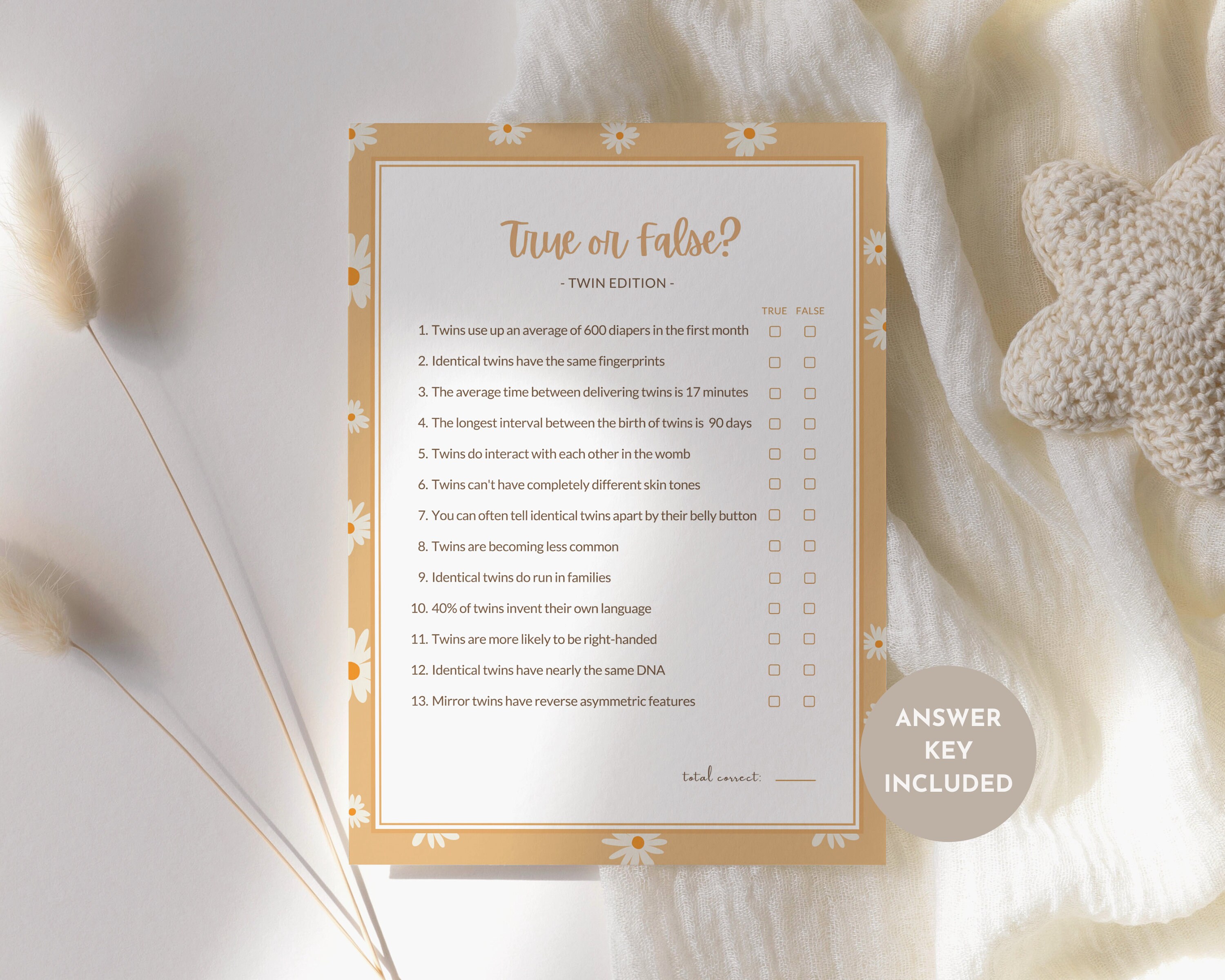 Twins Trivia, True or False Twin Baby Shower Game, Daisy Flowers, True ...