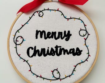 Merry Christmas Lights Embroidery - Christmas Lights - Christmas Decor - Handmade Christmas Decor  - Christmas Gift - Christmas Wall Art