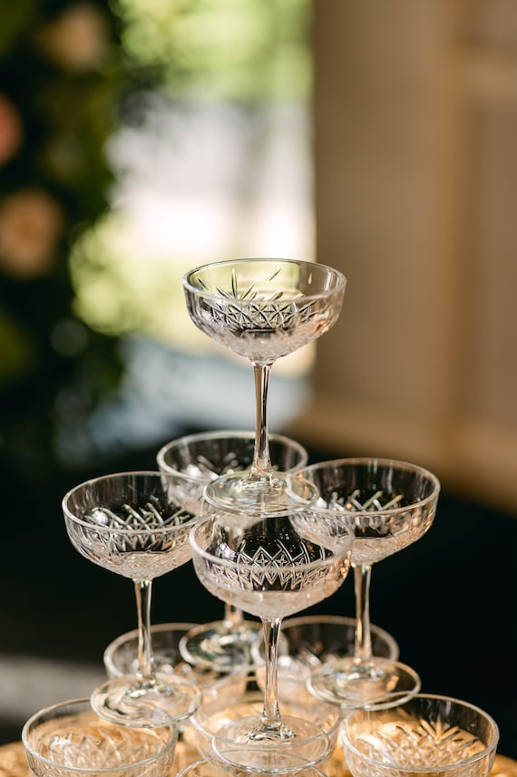 4 Smoke Gray Crystal Champagne Coupes, Danish Modern Square Bowl Cocktail  Glasses, Vintage Formal Dining Barware, Wedding Toast Stemware 