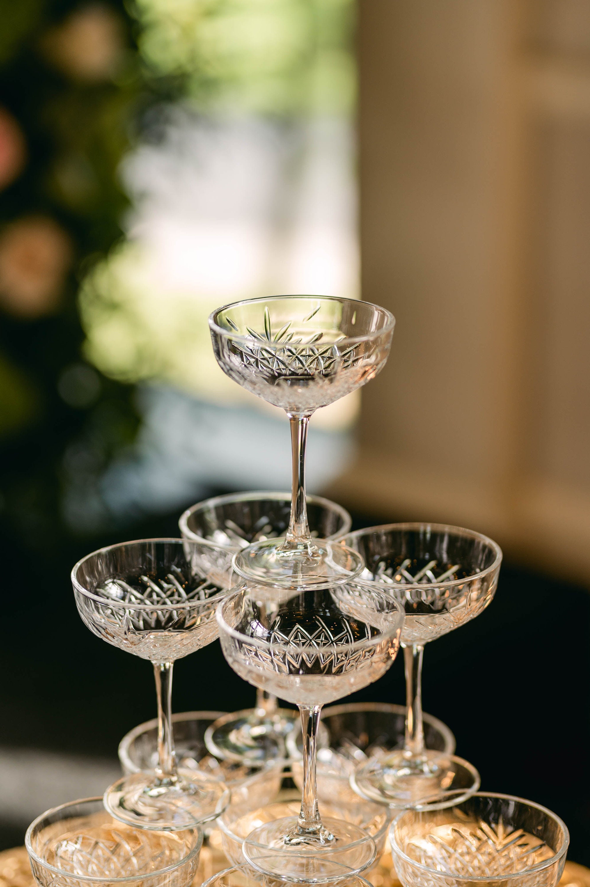 Set of 4 Cut Crystal-Style Coupe Champagne Tower Glasses | New Years Eve  Holiday Celebration or Romantic Wedding Decor Table scape Drinkware