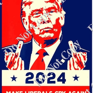 Puede incluir: Un cartel político rojo, blanco y azul con un hombre con una expresión seria. Está haciendo el dedo medio con ambas manos. El cartel dice "2024" y "Make Liberals Cry Again".