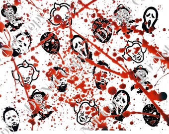 以下が含まれることがあります： 赤い血しぶきと、白黒のホラー映画のキャラクターの画像が描かれた白い背景。キャラクターには、ジェイソン・ボーヒーズ、フレディ・クルーガー、マイケル・マイヤーズ、ゴーストフェイスが含まれます。