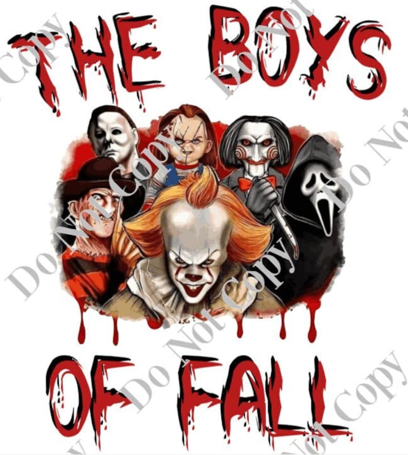 以下が含まれることがあります： 赤い血が滴り落ちる白い背景。赤い文字で「THE BOYS OF FALL」と書かれている。フレディ・クルーガー、ペニーワイズ、ジェイソン・ボーヒーズ、チャッキー、レザーフェイスなど、ホラー映画のキャラクターの画像が描かれている。