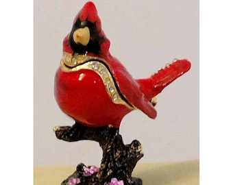 Trinket Box Red Cardinal Bird Enamel/Gold & Rhinestones On A Flower Pedestal...