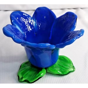 Art Glass Tulip Flower Votive Tealight Candle Holder 5×3 1\2 Cobalt blue