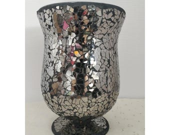Vintage mosaik silver svart sprucken orkan 20 x 15 cm vas underbar heminredning