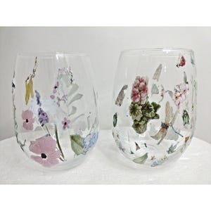 Frühlings-Blumenhandgemaltes Stemless Weinglas 2er-Set 16 Unzen neu