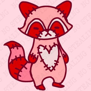 May include: A cartoon illustration of a pink raccoon with red accents. The raccoon has a heart-shaped patch on its chest and is stitched together. The background is a light pink color.