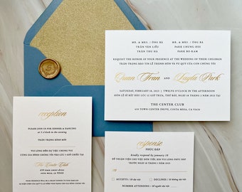 7-pc Printed Vietnamese Wedding Invitation – Bilingual, Custom, Glitter Gold Envelope Liner, Wax Seal
