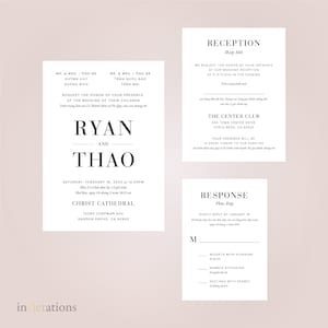 Suíte de convite de casamento vietnamita com 3 cartões e envelopes brancos - bilíngue, moderno, simples, elegante, personalizado, papel alumínio, tipografia