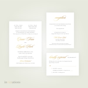 Faire-part de mariage bilingue vietnamien à 3 cartes avec enveloppes blanches - Moderne, Or, Personnalisé, Personnalisé, Imprimable, Modèle