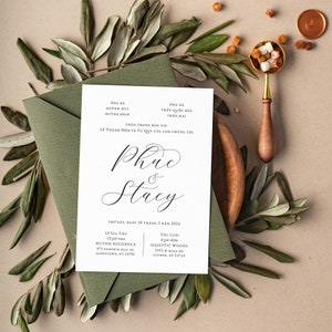 2-pc Ceremony & Reception Printed Wedding Invitation Card – Custom, Personalized, Bilingual, Vietnamese, Modern