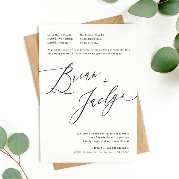 3-Card Vietnamese Wedding Invitation Design – Custom, Personalized, Bilingual, Digital, Modern, Simple, Elegant, Template, Printable