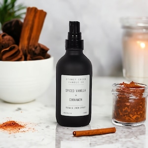 Spiced Vanilla & Cinnamon, Room Spray, Fragrant, 4oz Bottle, Car Spray, Linen Spray, Autumn, Fall, Cinnamon, Vanilla, Clove, Strong Scent