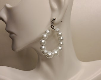 White pearl beaded dangle hoop earrings