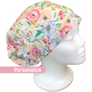 Custom floral euro scrub cap, Personalized surgical cap women with button, Adjustable with elastic toggle, Pixie scrub hat, Nurse gift idea
