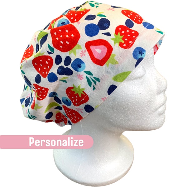 Strawberry summer euro scrub cap personalized, Custom gift, Surgical cap women with button, Adjustable with elastic toggle, Pixie scrub hat