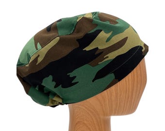 Camouflage Euro Scrub Cap, Satin Lined Option, Embroidery Personalization, Camo Surgery Hat for Men and Women, Army Green Scrub Cap