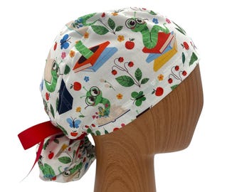 Bookworm Ponytail Scrub Cap for Women, Satin Lined Option, Embroidery Personalization, Cute Reading Nurse Hat, Teacher Gift Cap