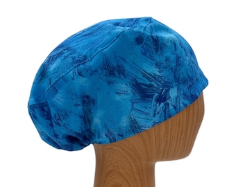Blue Euro Scrub Cap in Abstract Print Cotton, Adjustable Surgical Hat with Toggle Fit, Satin Lined Option, Personalized Nurse Gift