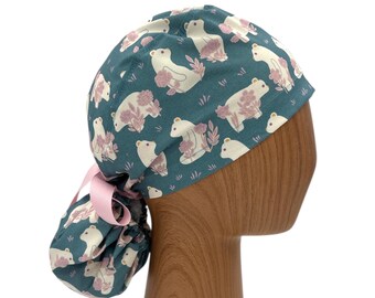 Flower Bear Ponytail Scrub Cap, Adjustable Nurse Hat with Bow, Satin Lining Option, Personalized with Name Embroidery