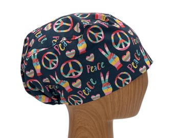 Rainbow Peace Euro Scrub Cap, Adjustable Nurse Hat for Long Hair, Optional Satin Lining, Personalize with Name Embroidery