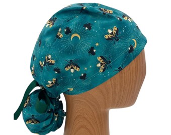 Firefly Ponytail Scrub Cap, Glow Bug Nurse Hat, Satin Lined Option, Embroidered Surgical Cap, Long Hair Medical Cap Gift