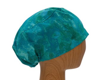 Green Euro Scrub Cap in Painterly Print Cotton, Adjustable Nurse Hat for Long Hair, Satin Option, Custom Name Embroidery