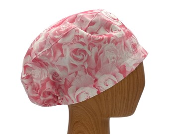 Pink Rose Euro Scrub Cap, Adjustable Surgical Hat, Floral Nurse Cap for Women,  Medical Hair Cover, Personalizable with Satin Lining