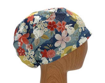Oriental Bunny Floral Scrub Cap, Asian Euro Style, Adjustable Hair Cover, Satin Lining Option, Name Embroidery, Nurse Hat