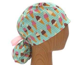 Ice Cream Ponytail Scrub Cap, Adjustable Nurse Hat, Long Hair Haircover, Food Print Surgical Cap, Satin Lining, Name Embroidery