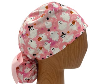 Pink Ghost Halloween Ponytail Scrub Cap with Satin Lining, Embroidery Personalization, Cute Surgical Hat for Women, Long Hair