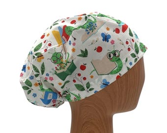 Bookworm Euro Scrub Cap, Satin Lined Option, Embroidery Personalization, Cute Reading Nurse Hat, Teacher Surgical Cap Gift for Women