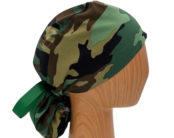 Camouflage Ponytail Scrub Cap, Satin Lined Option, Embroidery Personalization, Camo Surgical Hat for Women, Army Green Scrub Hat with Bow