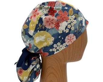 Oriental Bunny Ponytail Scrub Cap, Asian Floral Rabbit Hat for Nurses, Adjustable with Embroidery, Satin Lining Optional
