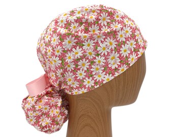 Pink Daisy Ponytail Scrub Cap in Japanese Cotton, Adjustable Nurse Hat with Ribbon Tie, Name Embroidered Hair Cover with Satin Option