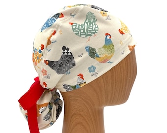 Farm Animal Chicken Ponytail Scrub Cap with Satin Lining, Embroidery Personalization, Rooster Surgery Hat for Women, Vet Tech Scrub Hat