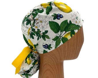 Lemon Fruit Ponytail Scrub Cap, Summer Nurse Hat with Yellow Bow, Personalize with Name, Optional Satin Lining for Long Hair