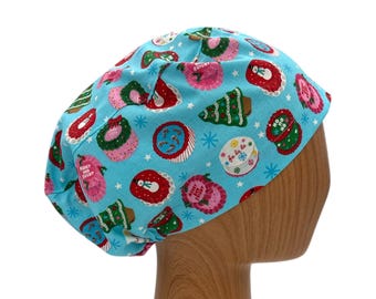 Christmas Festive Euro Scrub Cap, Satin Lined Option, Embroidery Personalization, Holiday Nurse Hat, Winter Surgical Scrub Cap, Gift for Her